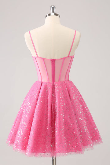 Vestido de cóctel con corsé de tirantes finos de línea A rosa con lentejuelas
